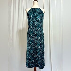 Halogen Black and Blue Patterned Midi Halter Slip Dress